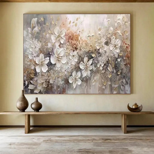 “Neutral Floral Impasto”:Textured Beige Flower Painting On Canvas DKH259