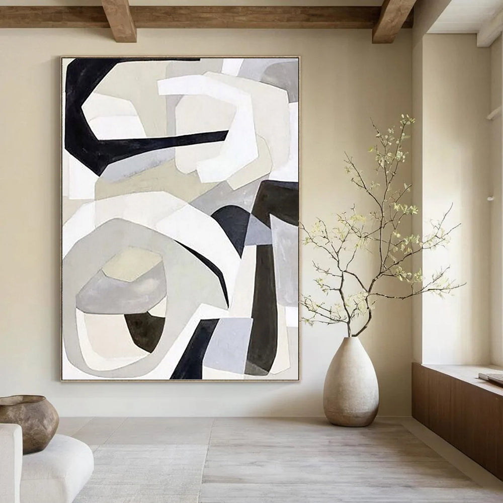 Monochrome Abstract Shapes in Gray Painting On Canvas DKH1141