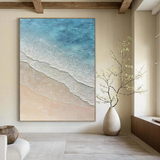 “Blue, White, Beige Coastal Waves ‘Seaside Serenity’” - Realistic Textured Landscape Painting On Canvas DTP314