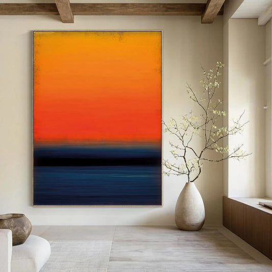 “Vibrant Sunset Stripes with Deep Blue” - Bold Color Field Sunset Painting On Canvas DKH1603