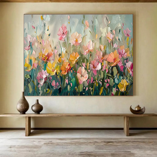 “Pastel Flower Field” - Soft - Hued, Textured Floral Impressionistic Painting On Canvas DKH709
