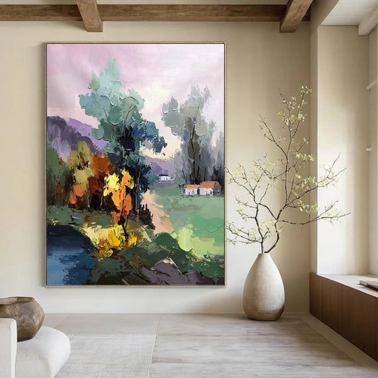Colorful Village in Pastel Hues - Impressionistic Landscape Painting On Canvas DKH1289