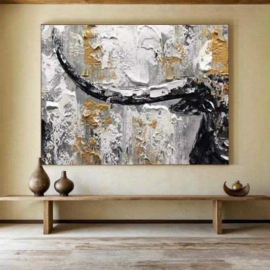 “Black, White & Gold Textured Bull” Abstract Animal Painting On Canvas DKH336