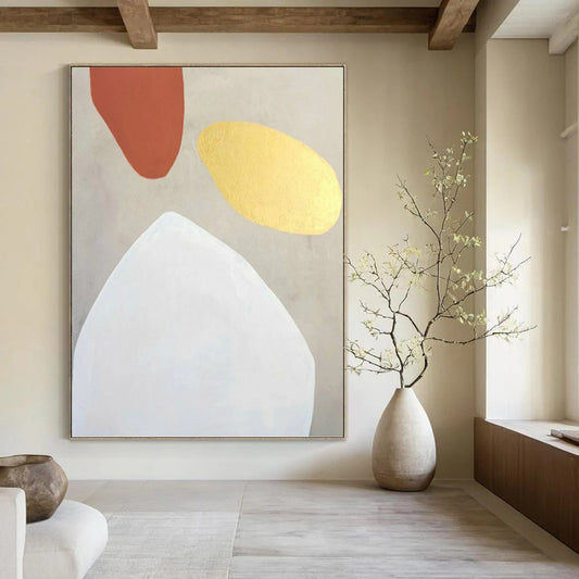 “Terracotta, Gold, and White Shapes” - Minimalist Abstract Painting On Canvas DKH1078