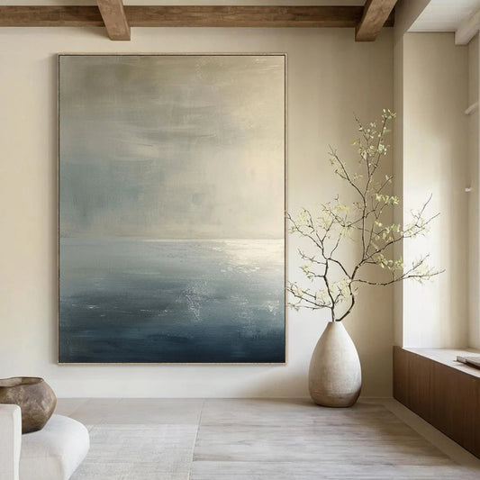 “Monochrome Abstract Horizon” - Gray, Blue, White Calm Layers Painting On Canvas DTP299