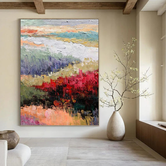 Impressionistic Landscape with Red Blossoms - Landscape Impasto Painting On Canvas DKH1273