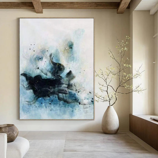 Black, Blue & White Ink - Like Flow - Abstract Painting On Canvas CT2305