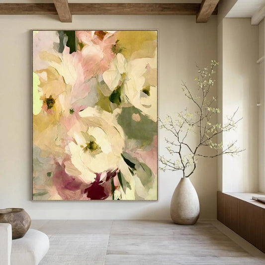 Pale Pink and Yellow Floral Bunch - Delicate Flower Painting On Canvas DKH1354