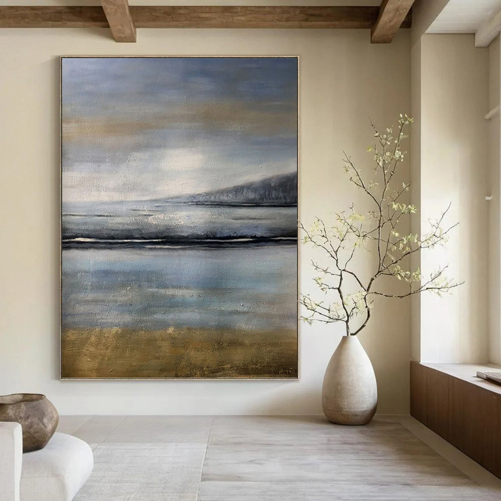 “Misty Coastal Blues” - Blue & Gray Abstract Seaside Landscape Painting On Canvas DKH1576