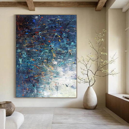 “Dynamic Color Splash” - Blue, Orange, Yellow, White Abstract Painting On Canvas DTP246