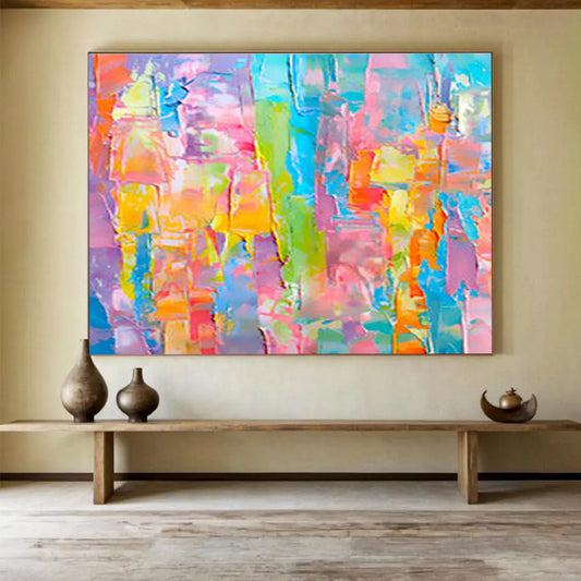 “Colorful Patchwork” Abstract Impasto Painting On Canvas DKH381
