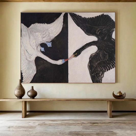 Black and White Swans “Contrasting Avian Encounter” Painting On Canvas DKH125