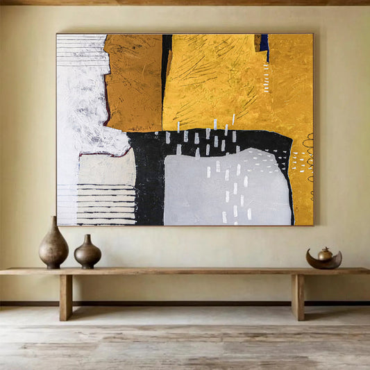 Earthy Geometric Collage in Mustard, Black, and Cream, Abstract Mixed - Media Painting On Canvas DKH574