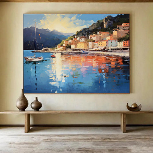 Coastal Village - Bright Blue & Warm Orange Impressionistic Town Painting On Canvas DKH877