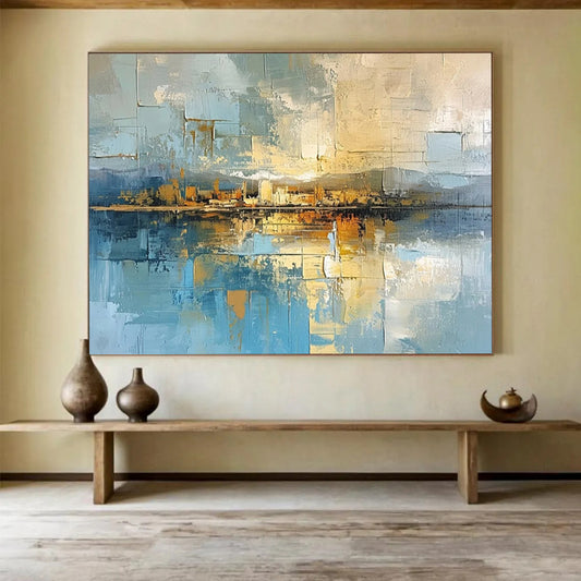 “Geometric, Coastal Cityscape ‘Abstract Harbor View’” - Cubist - Inspired Landscape Painting On Canvas DLZ050