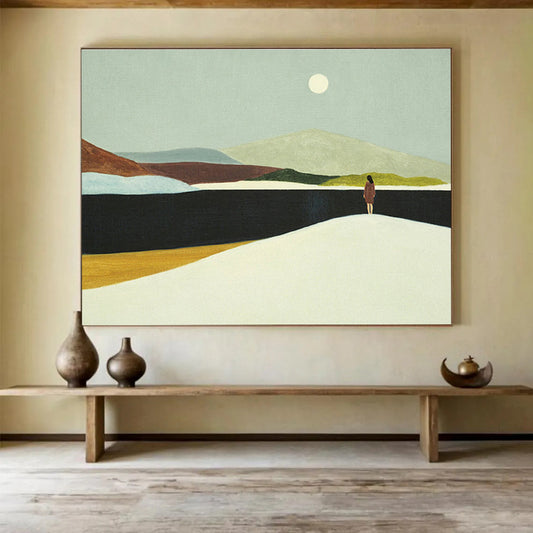 “Moonlit Wanderer” - Green, Brown, White Minimalist Landscape Painting On Canvas DKH739