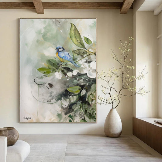 “Blue and Yellow Bird on a Branch” - Nature - Inspired Watercolor Painting On Canvas DKH1085