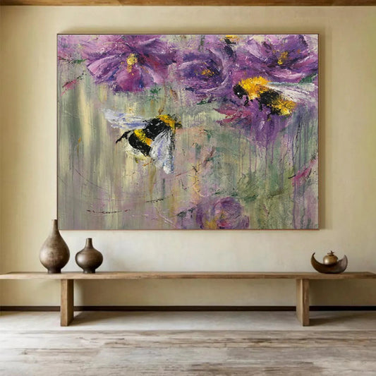 “Buzzy Floral Delight” - Purple, Yellow, Black Bee & Flower Impressionistic Painting On Canvas DKH718