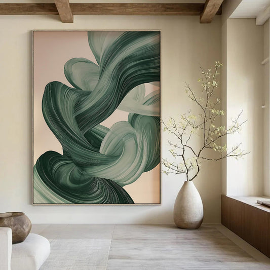 “Swirling Greens Abstract Ribbons” - Modern Abstract Acrylic Art CT1928