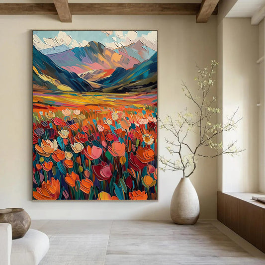 “Color - Burst Mountain Meadow with Vivid Florals” - Abstract Expressionist Landscape Painting On Canvas DKH1597