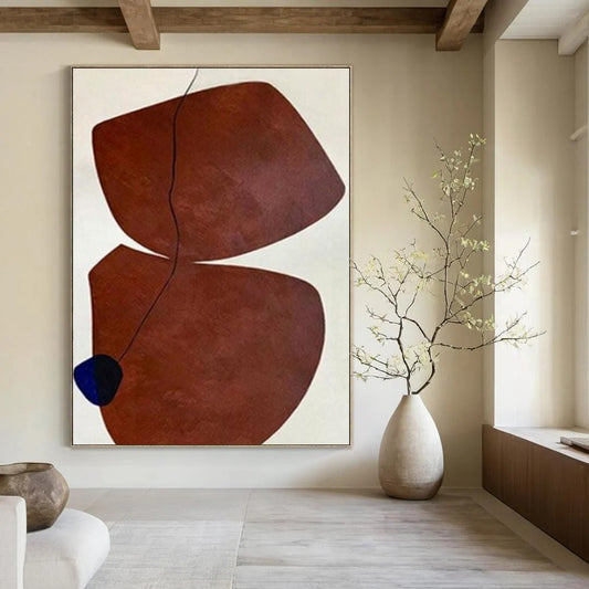 “Brown Shapes with Black Line and Blue Accent” – Minimalist Abstract Painting CT1115