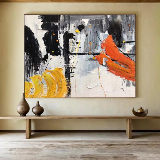 Abstract Black, White, and Orange Strokes Painting On Canvas DKH187