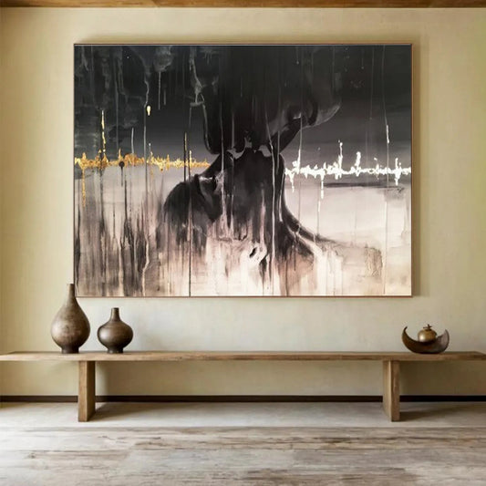Dark Abstract Figure - Black, White & Gold Figurative Painting On Canvas DKH900
