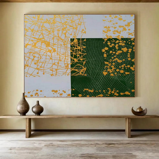Geometric Gold and Green Abstract Painting On Canvas DKH307