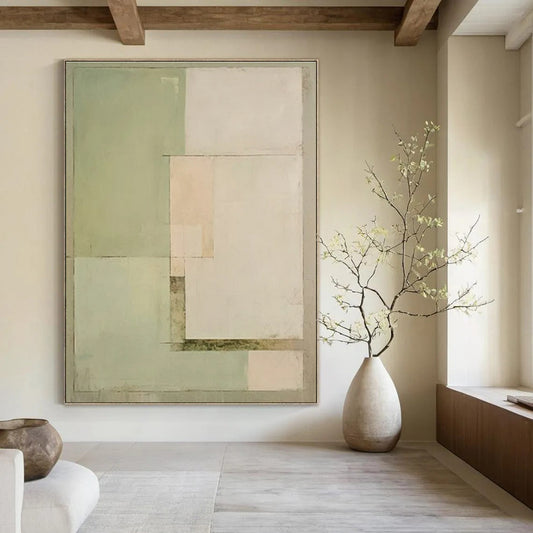 Pale Greens, Whites & Browns, Minimalist Geometry - "Quiet Harmony" - Abstract Acrylic Painting CT1443