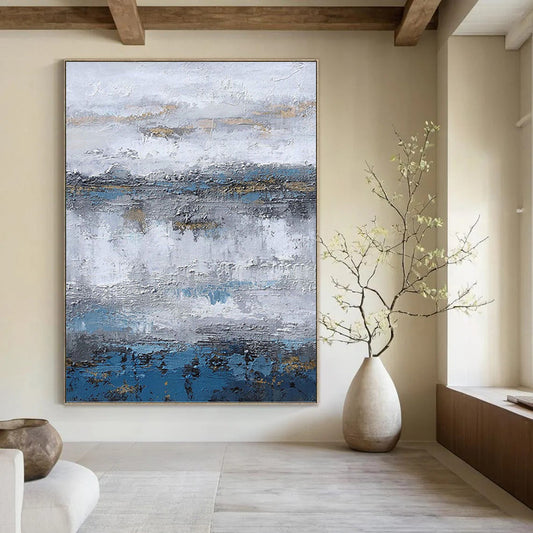 “Gray - Blue - Gold Textured Abstract Landscape” Painting On Canvas DKH1226