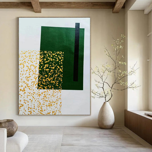 Green, Black & Gold Specks - Abstract Minimalist Acrylic On Canvas CT1328