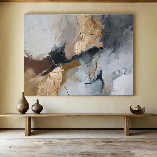 Gray, White, and Gold Abstract “Sophisticated Neutral Harmony” Painting On Canvas DKH132