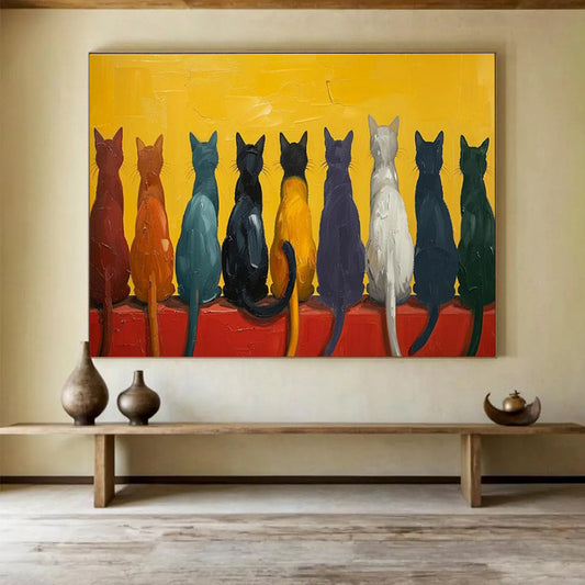 “Colorful Cat Lineup” - Whimsical Animal Painting On Canvas DKH838