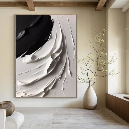 “Curved Black - White Layers” - Abstract Impasto Painting On Canvas DKH1670