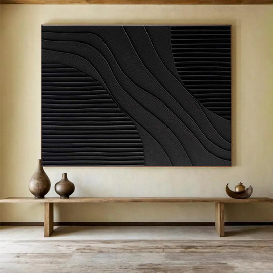 Black and White Textured Abstract “Curved Textured Contrast” Painting On Canvas DKH098