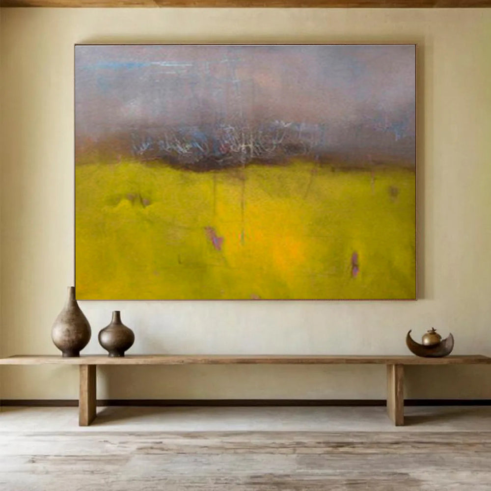 “Yellow Field Abstract Landscape” Abstract Post - Impressionist Painting On Canvas DKH379