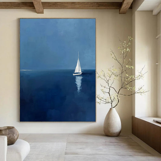 “Sailboat at Sea” - Blue & White Seascape Painting On Canvas CT2230