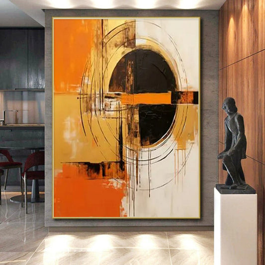 “Orange - Black - White Abstract Circles” ,Abstract Acrylic Painting CT0853