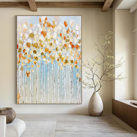 Textured Trees in Gold, White, and Blue - Landscape Painting On Canvas DKH1441