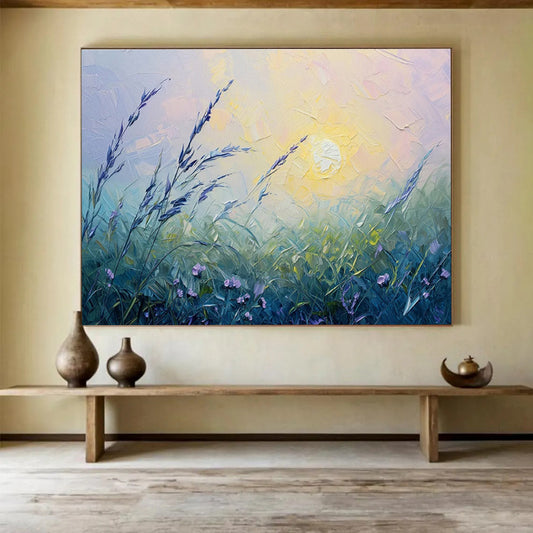 “Pastel Meadow at Sunset” - Soft Purple, Green, Yellow Impressionistic Landscape Painting On Canvas DKH762