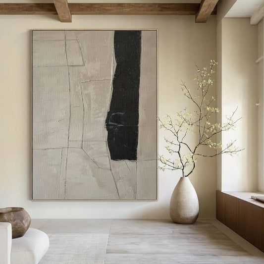 “Monochrome Cracks” - Beige & Black Geometric Lines Painting On Canvas DKH1158