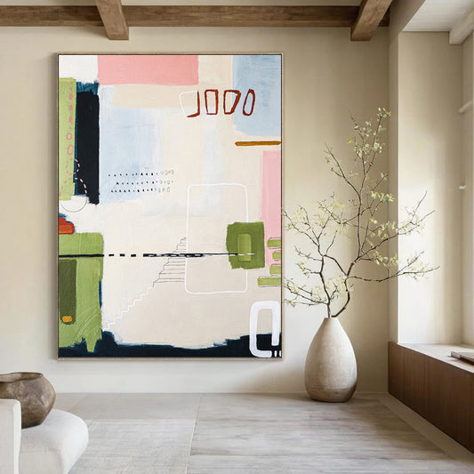 “Pastel - Colored Abstract with Geometric and Dotted Details” - Whimsical Abstract Painting On Canvas DKH1109