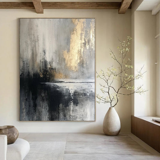 “Gray - Gold Abstract Reflection” - Abstract Expressionist Painting On Canvas DTP067
