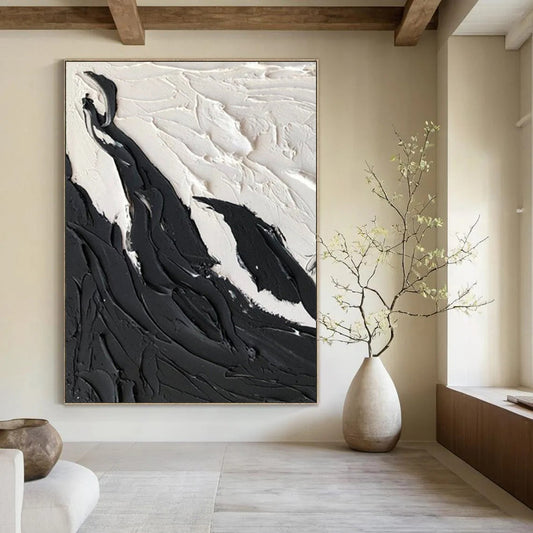 “Black, White Textured Peaks ‘Snowy Majesty’” - Impasto Abstract Painting On Canvas DTP404