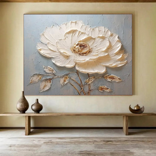 Single White Textured Flower - Impasto Botanical Painting On Canvas DLZ175