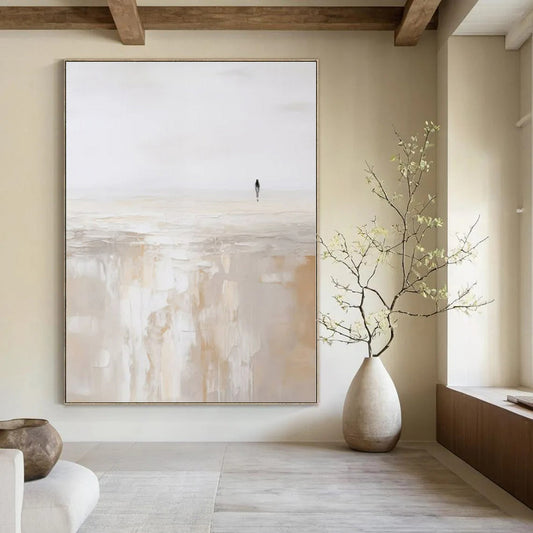 Solitary Figure on Beige Horizon - Minimalist Abstract Oil On Canvas CT1312