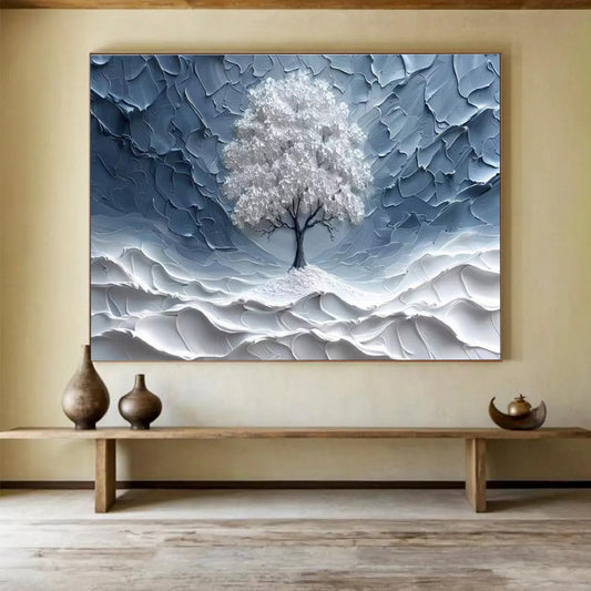 “White Tree in Textured Blue” - Minimalist Impasto Painting On Canvas DKH829