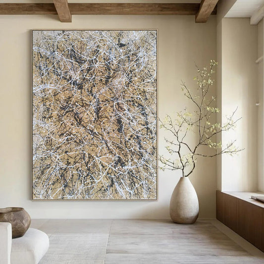 “Beige and Black Web” - Beige and Black Abstract Drip Painting On Canvas DKH1574