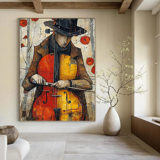 “Melodic Muse” - Colorful Cello Player with Poppies Background Painting On Canvas DKH1532