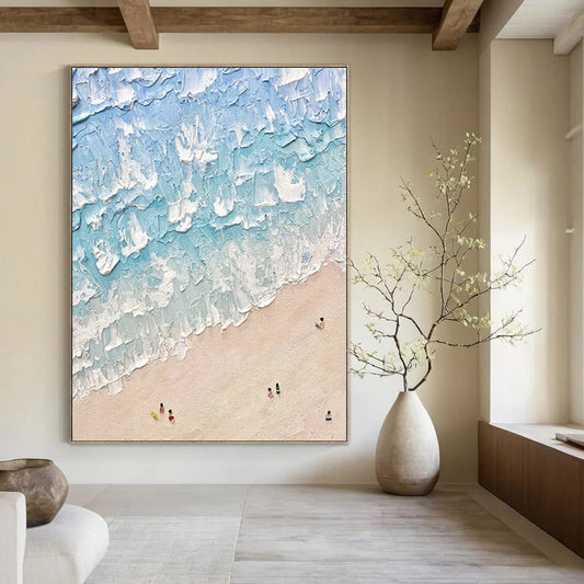 “Textured Blue - White Beach Scene” – Impasto Seascape Painting CT1129